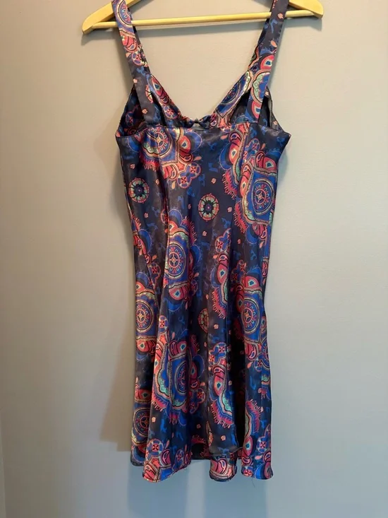 Navy Paisley Lace-Up Satin Slip Dress - Picture 5 of 8